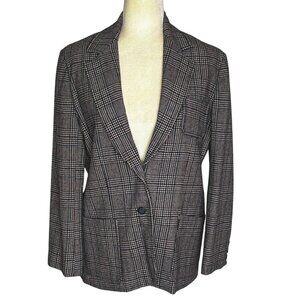 Vintage 70s Houndstooth Plaid Blazer Navy Burgundy Wool Look Tailored Jacket